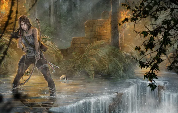 Picture forest, girl, trees, stream, skull, Tomb Raider, Tomb raider