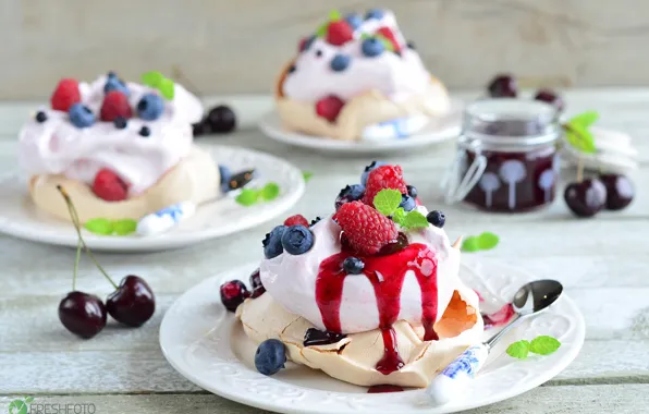 Berries, raspberry, dessert, cherry, blueberries, meringue, meringue