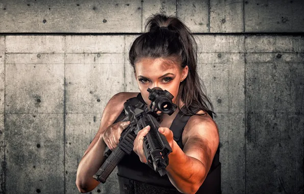 Picture look, girl, face, weapons, background, goal