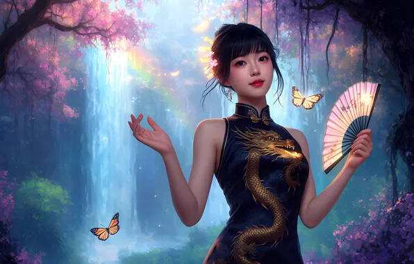 Girl, butterfly, nature, magic, waterfall, Sakura, fan, Chinese