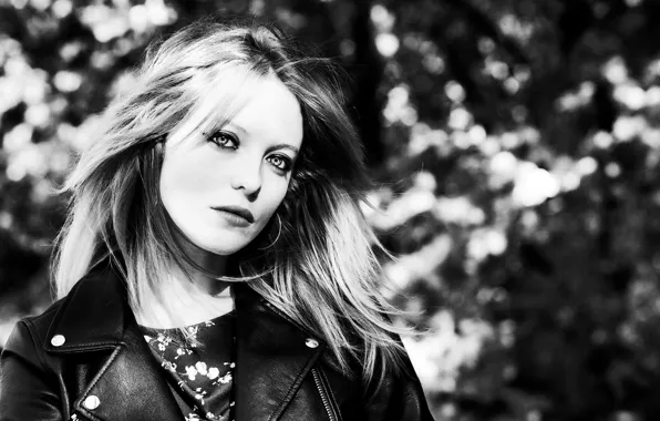 Look, portrait, makeup, jacket, hairstyle, black and white, beauty, bokeh