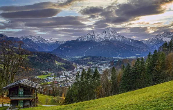 Picture forest, grass, clouds, trees, mountains, Germany, valley, slope