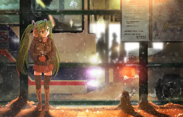 Winter, girl, snow, night, lights, map, being, snowman