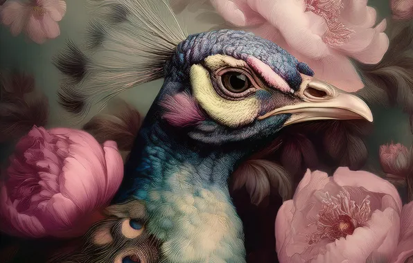 Flowers, bird, portrait, peacock, pink, peonies, imitation painting, AI art