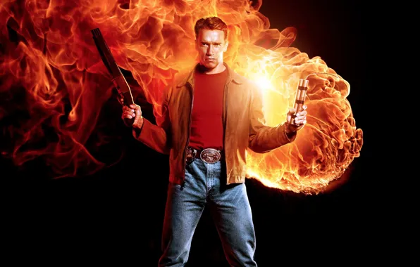 Fire, flame, man, hero, shotgun, 1993, shield, cigar