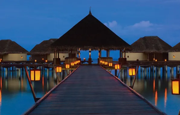 The ocean, the evening, pier, lights, The Maldives, resort, Bungalow