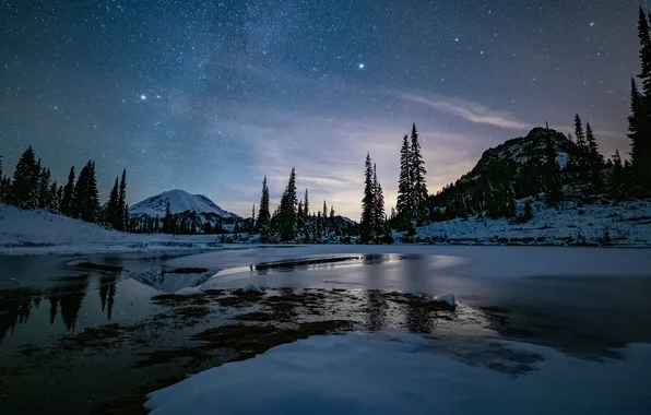 Winter, forest, clouds, snow, mountains, night, rocks, shore