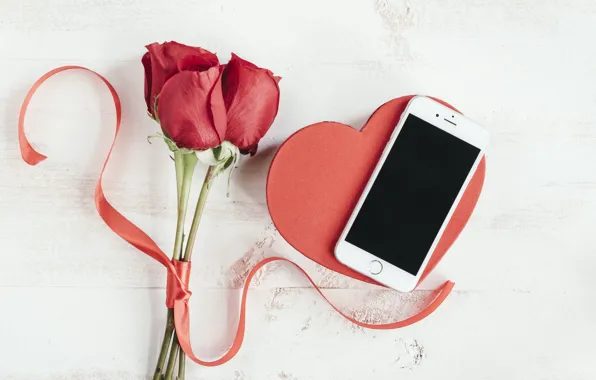 Roses, phone, Holiday, heart, Valentine's day