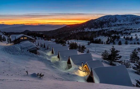 Picture winter, snow, landscape, mountains, nature, the evening, houses, forest