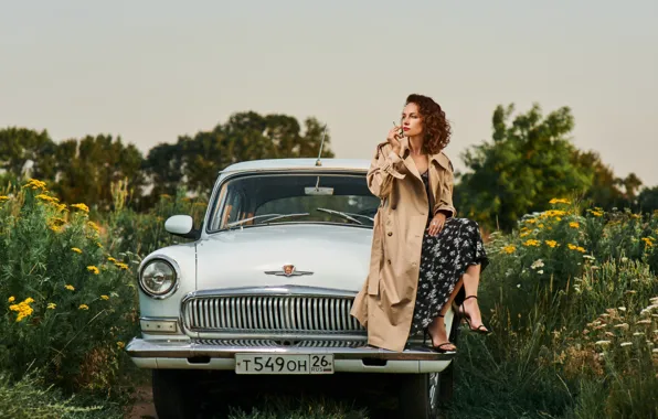 Picture machine, auto, girl, nature, pose, cigarette, cloak, Volga