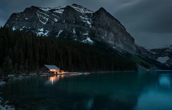 House, Clouds, Wood, nature, Water, Mountain, Lights, Peaceful