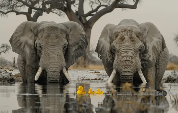 Picture water, duck, elephants, a couple, ducklings, neural network