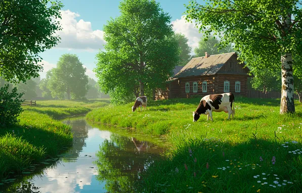 Grass, trees, landscape, nature, house, stream, Wallpaper, figure
