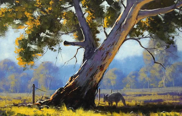 Picture branches, nature, tree, animal, the fence, art, kangaroo, Australia
