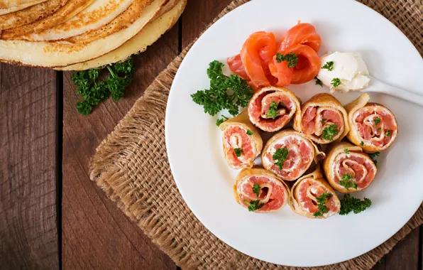 Picture pancakes, salmon, rolls