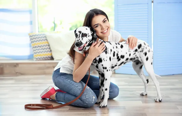 Girl, mood, dog, Dalmatian, dog, dalmatian