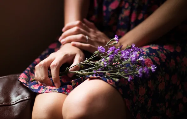 Girl, flowers, hands, dress, knees