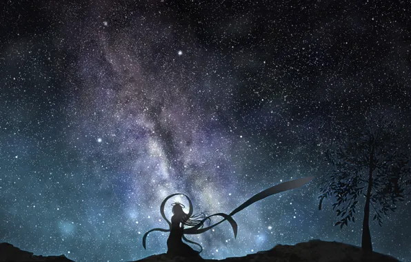 Picture girl, trees, silhouette, starry sky