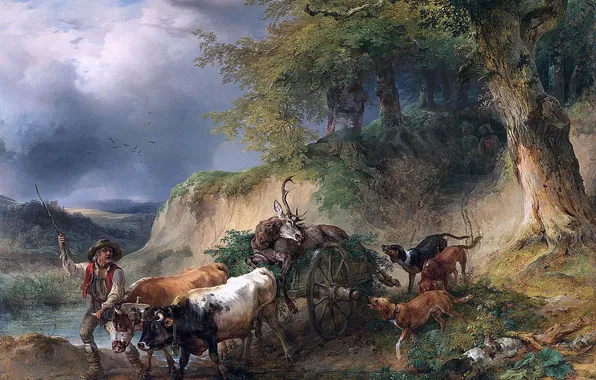 Picture, Deer, Wagon, Dogs, Male, Bulls, Austrian painter, Friedrich Gauermann