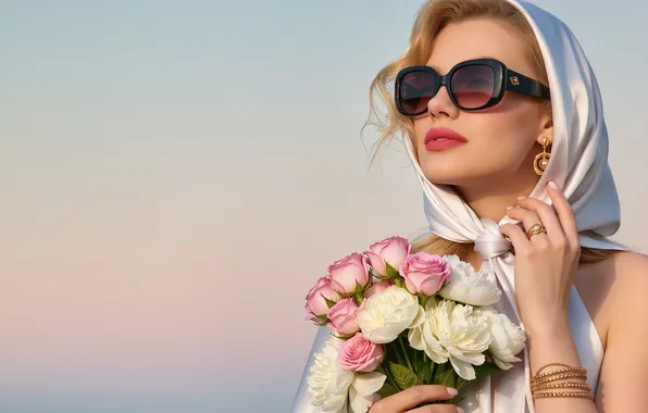 Wallpaper flowers, portrait, hands, sunglasses, light, bouquet, neural network, AI art