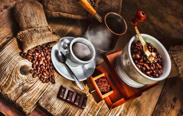 Picture coffee, chocolate, spoon, mug, drink, coffee beans, saucer, pouch