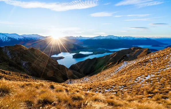 Mountains, lake, sunrise, dawn, New Zealand, New Zealand, Lake Wanaka, Southern Alps