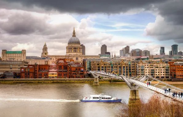 Autumn, the sky, clouds, bridge, river, people, home, London