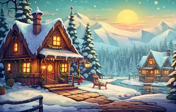 Winter, snow, house, holiday, graphics, Christmas, hut, New year