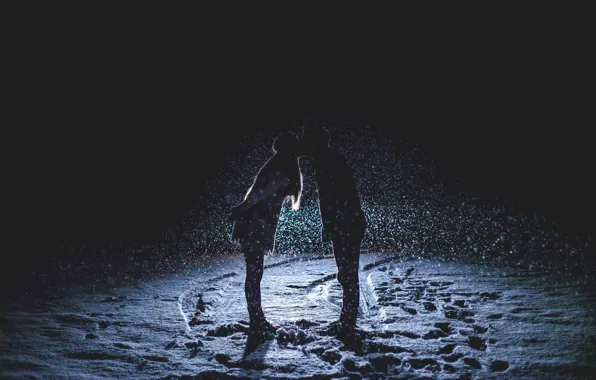 Winter, Night, Kiss, Love, Snow, Light, Lantern, Pair