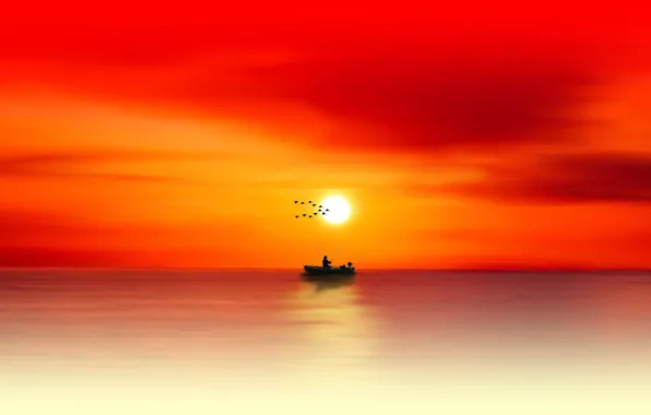 Sea, the sun, birds, dawn, boat, morning, silhouette, sea