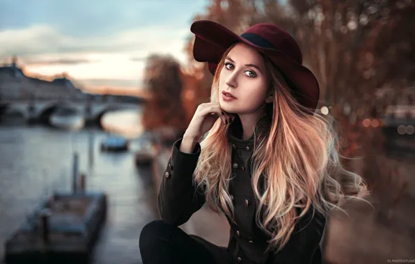 Look, girl, trees, bridge, pose, river, the evening, hat