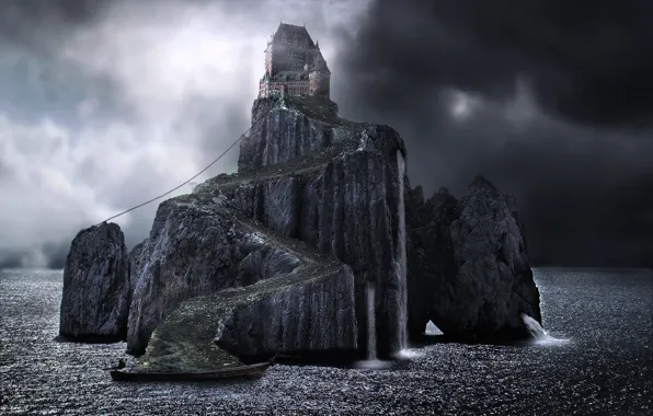 Picture road, sea, castle, rocks, boat, island, waterfall, the isle