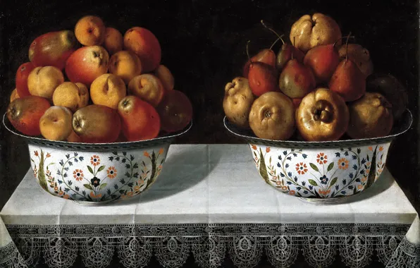Apples, food, picture, still life, pear, Two Vases with Fruit, Thomas HEPES
