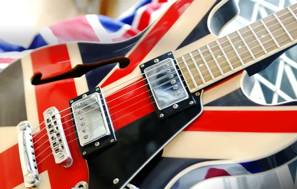 Macro, strings, flag, electric guitar, Union Jack