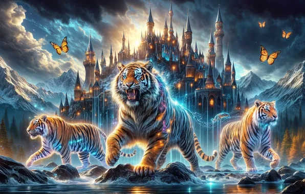 Butterfly, castle, fantasy, tigers, trio