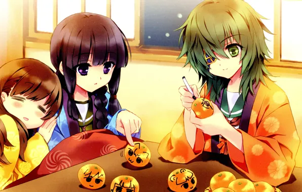 Girls, window, kimono, green hair, art, friend, tangerines, eye patch