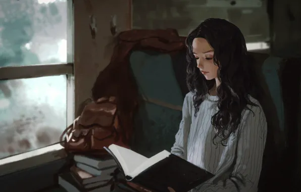 Books, the car, girl, backpack, art, sweater, seat, window