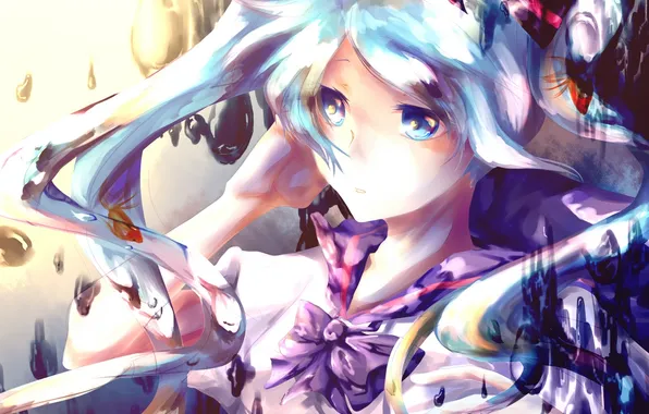 Picture girl, fish, art, bows, vocaloid, Vocaloid, bottle miku, breanisu lunashi