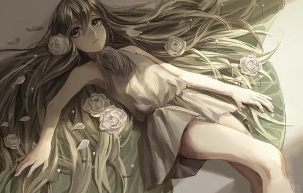 Picture girl, flowers, roses, anime, petals, art, lama-pacos