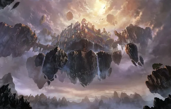 Mountains, the city, rocks, art, waterfalls, volatile, in the sky, Liang xing