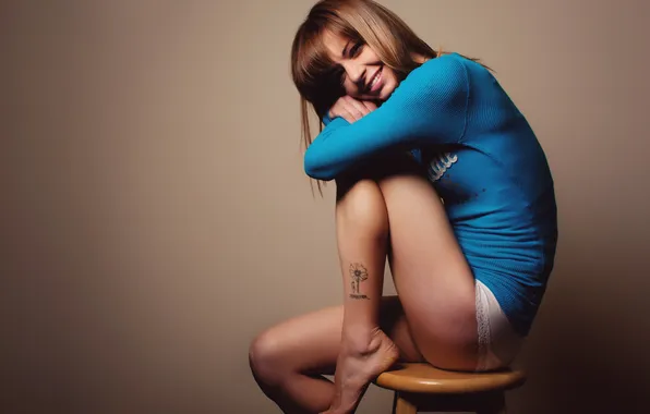 Girl, smile, tattoo, stool