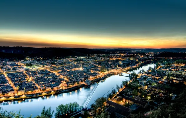 Sunset, city, the city, lights, river, the evening, France, Cahors