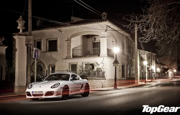 Picture white, night, street, home, Porsche, lights, Cayman, supercar