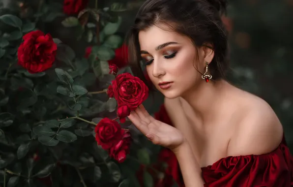 Girl, flowers, face, the dark background, hand, portrait, roses, earrings