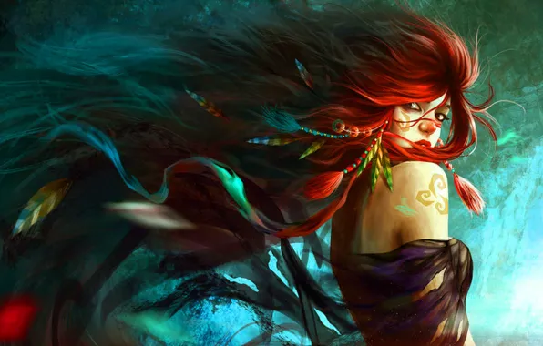 Picture look, girl, feathers, red, shoulders, long hair, tattoo on shoulder