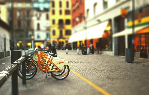 Picture bike, the city, street, blur, tilt-shift, blurred background, bike Parking