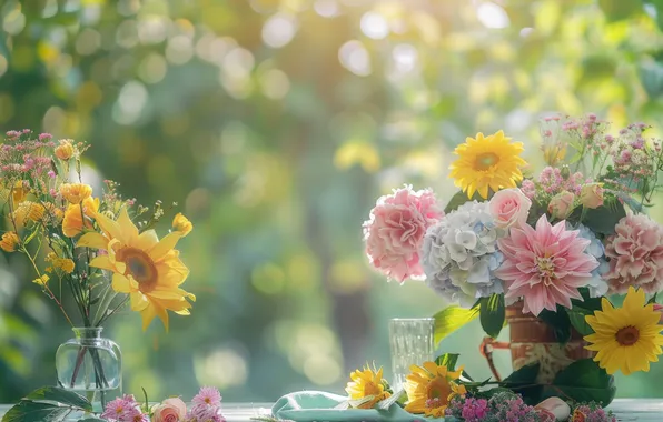 Flowers, table, bokeh, hydrangea, dahlias, AI art, neural network