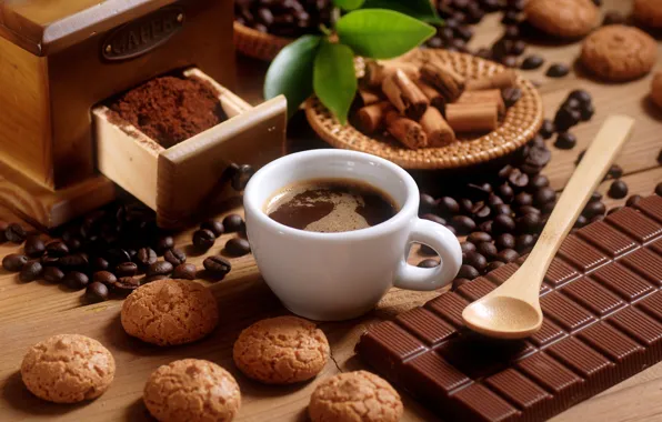 Leaves, tile, coffee, chocolate, grain, cookies, spoon, Cup