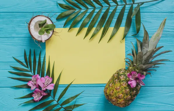 Leaves, flowers, coconut, pineapple, flowers, leaves, pineapple, coconut