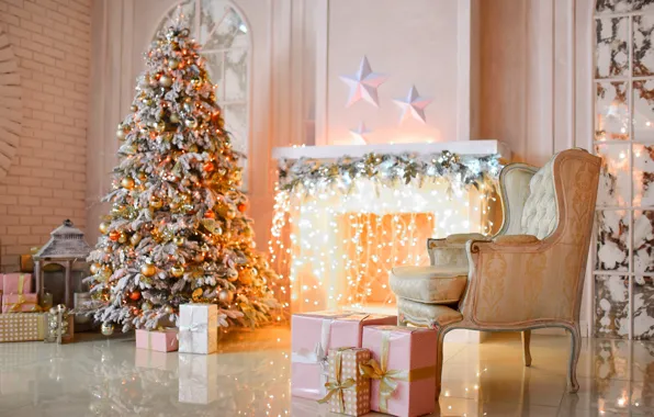 Picture decoration, room, gift, tree, chair, fireplace, light bulb, living room
